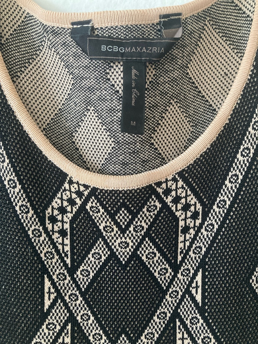 BCBGMaxAzria Black and Beige Geometric Knit Fit-and-Flare Mini Dress - Picture 3 of 6